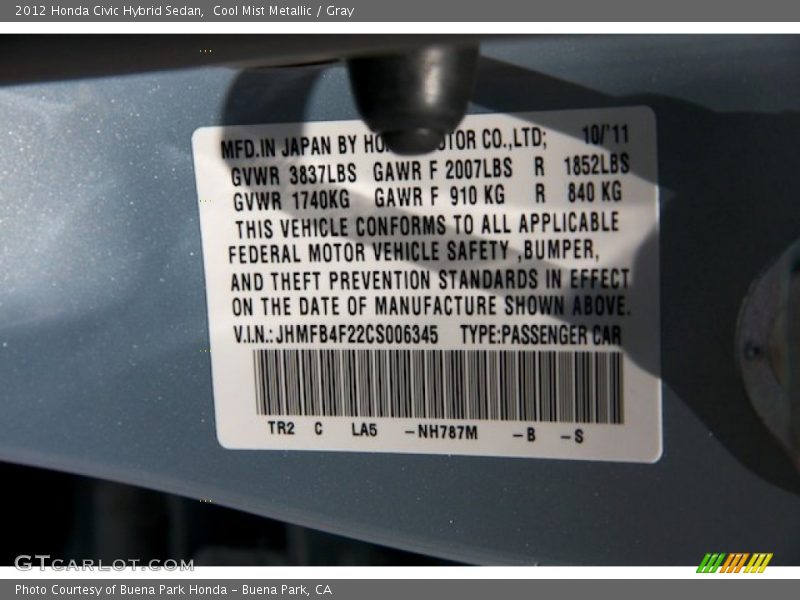 Cool Mist Metallic / Gray 2012 Honda Civic Hybrid Sedan