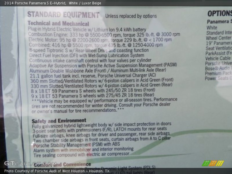  2014 Panamera S E-Hybrid Window Sticker