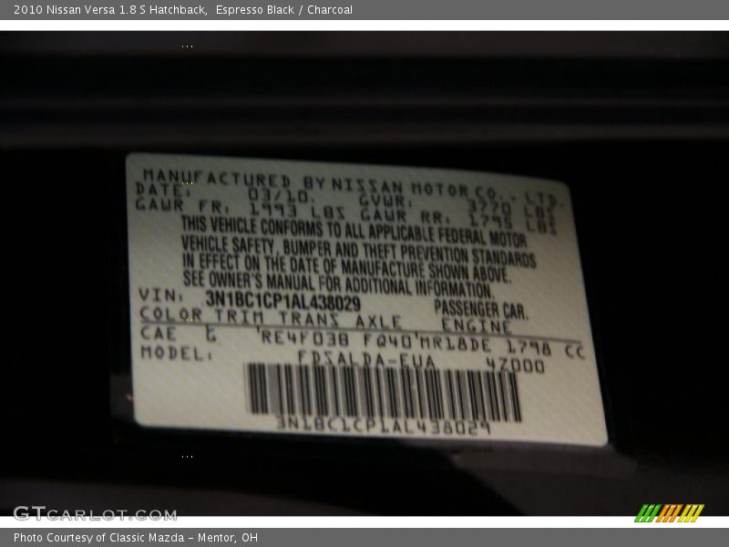 Espresso Black / Charcoal 2010 Nissan Versa 1.8 S Hatchback