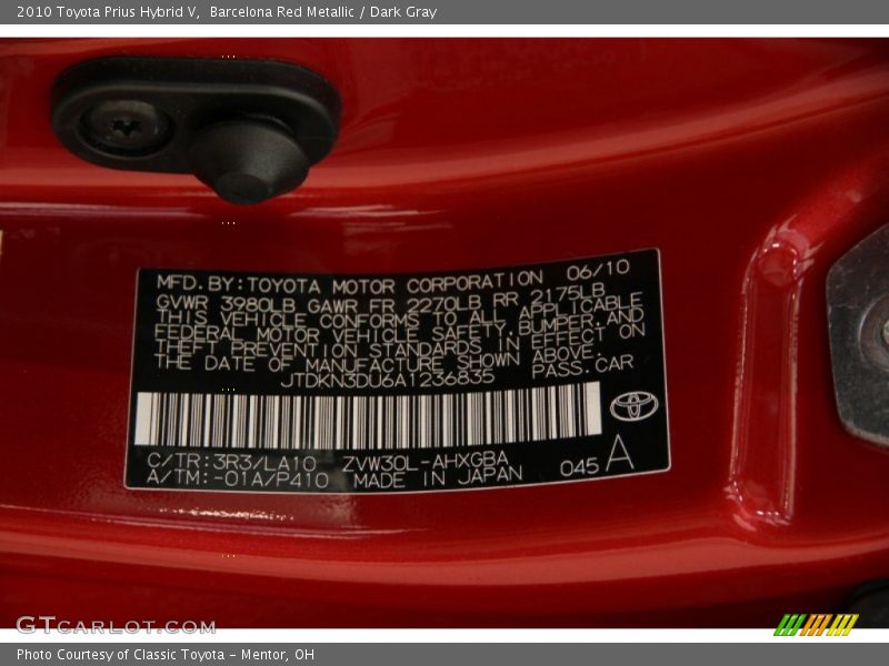 Barcelona Red Metallic / Dark Gray 2010 Toyota Prius Hybrid V