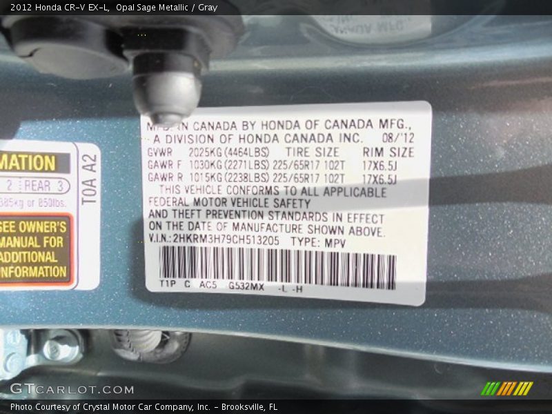 2012 CR-V EX-L Opal Sage Metallic Color Code G532MX