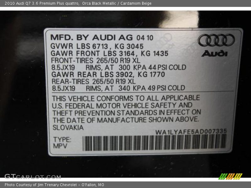 Orca Black Metallic / Cardamom Beige 2010 Audi Q7 3.6 Premium Plus quattro