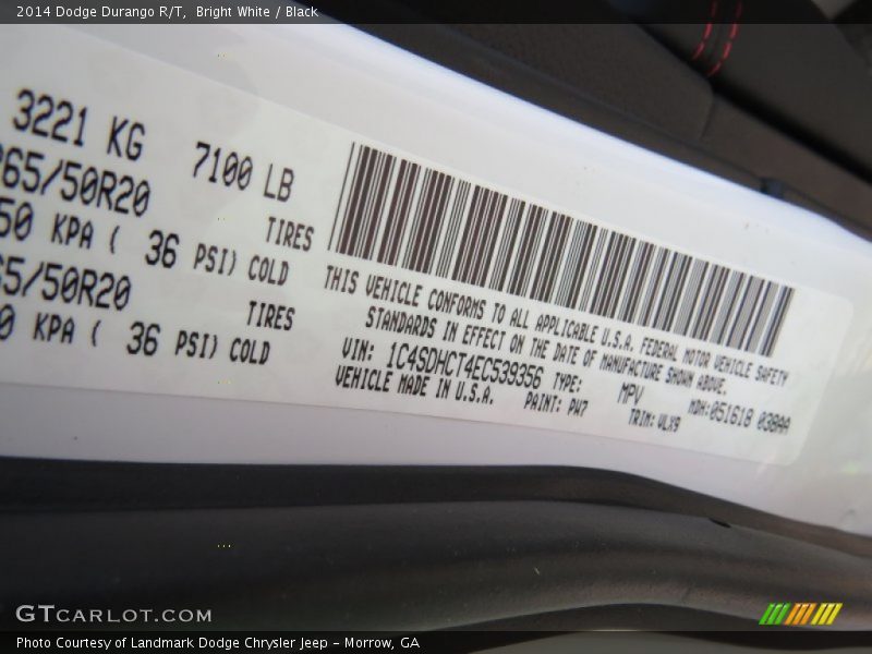 2014 Durango R/T Bright White Color Code PW7