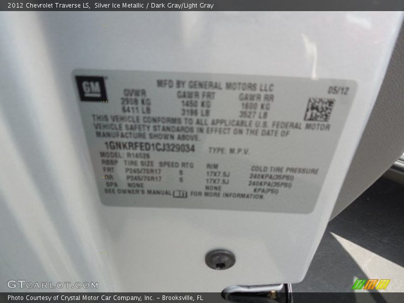 Silver Ice Metallic / Dark Gray/Light Gray 2012 Chevrolet Traverse LS