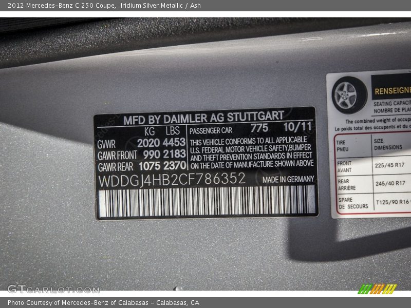 Iridium Silver Metallic / Ash 2012 Mercedes-Benz C 250 Coupe