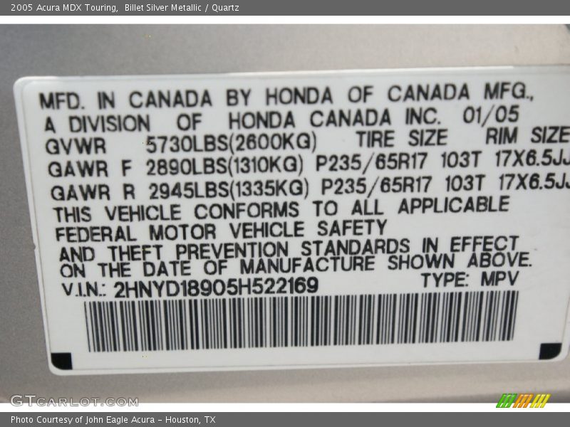 Billet Silver Metallic / Quartz 2005 Acura MDX Touring