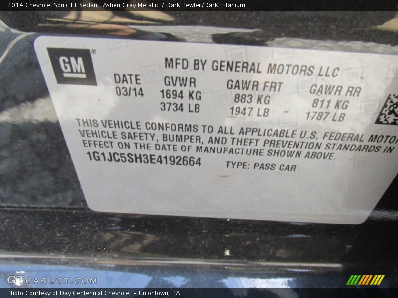 Ashen Gray Metallic / Dark Pewter/Dark Titanium 2014 Chevrolet Sonic LT Sedan