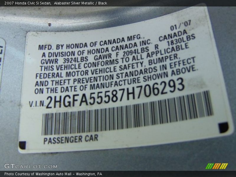 Alabaster Silver Metallic / Black 2007 Honda Civic Si Sedan