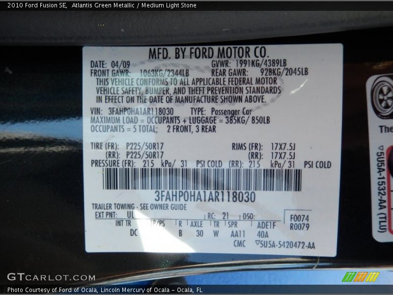Atlantis Green Metallic / Medium Light Stone 2010 Ford Fusion SE