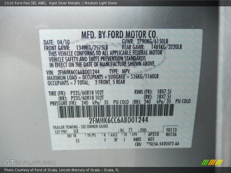 2010 Flex SEL AWD Ingot Silver Metallic Color Code UX