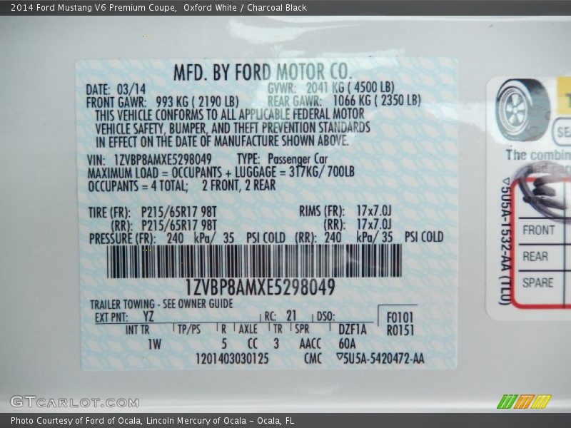 Oxford White / Charcoal Black 2014 Ford Mustang V6 Premium Coupe