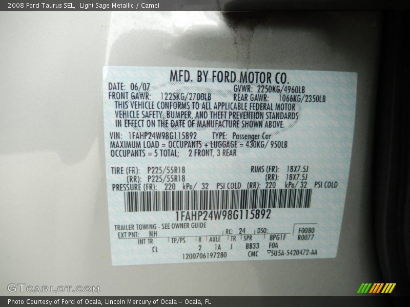 2008 Taurus SEL Light Sage Metallic Color Code NH