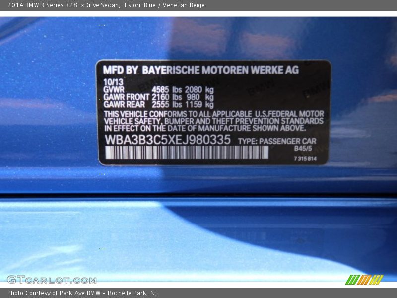 2014 3 Series 328i xDrive Sedan Estoril Blue Color Code B45