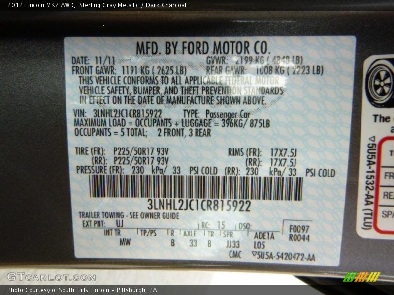 Sterling Gray Metallic / Dark Charcoal 2012 Lincoln MKZ AWD