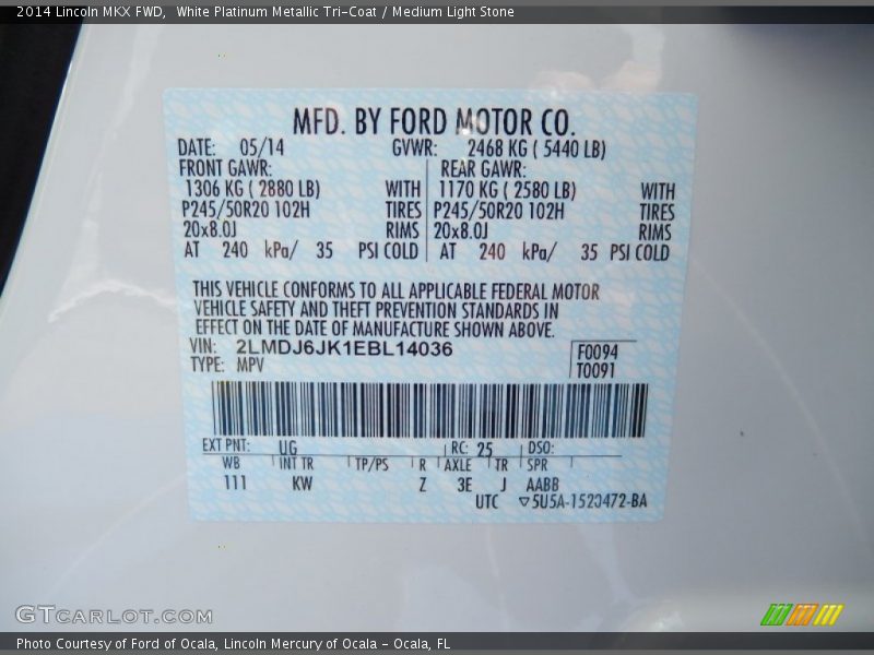 White Platinum Metallic Tri-Coat / Medium Light Stone 2014 Lincoln MKX FWD