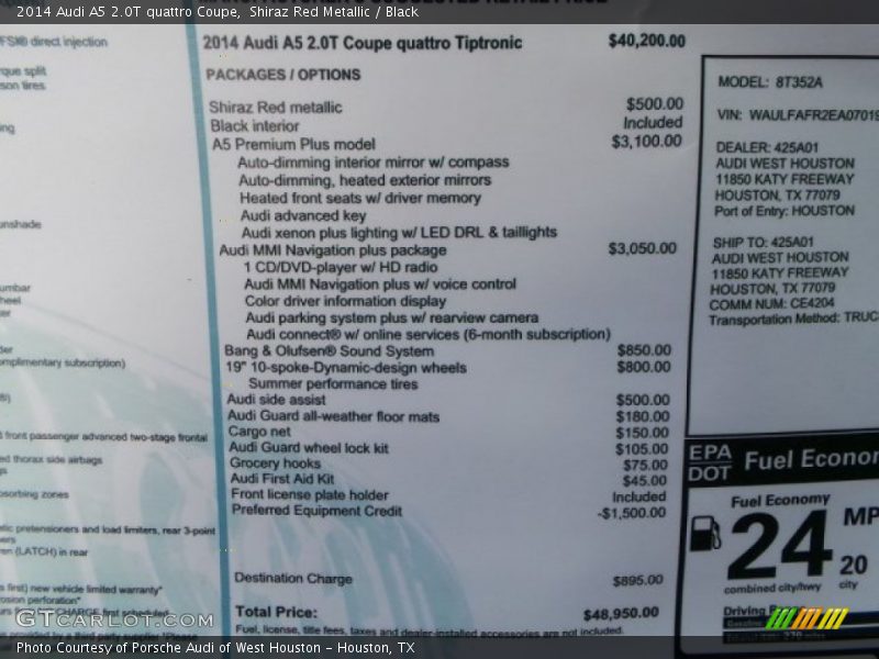  2014 A5 2.0T quattro Coupe Window Sticker