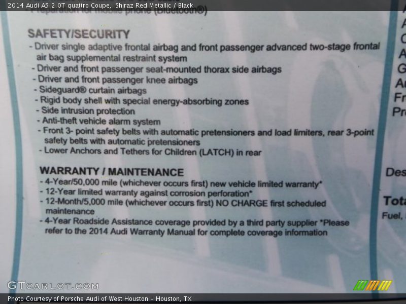  2014 A5 2.0T quattro Coupe Window Sticker