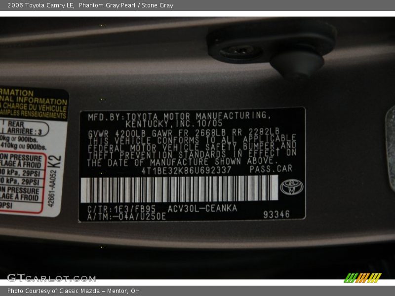 2006 Camry LE Phantom Gray Pearl Color Code 1E3
