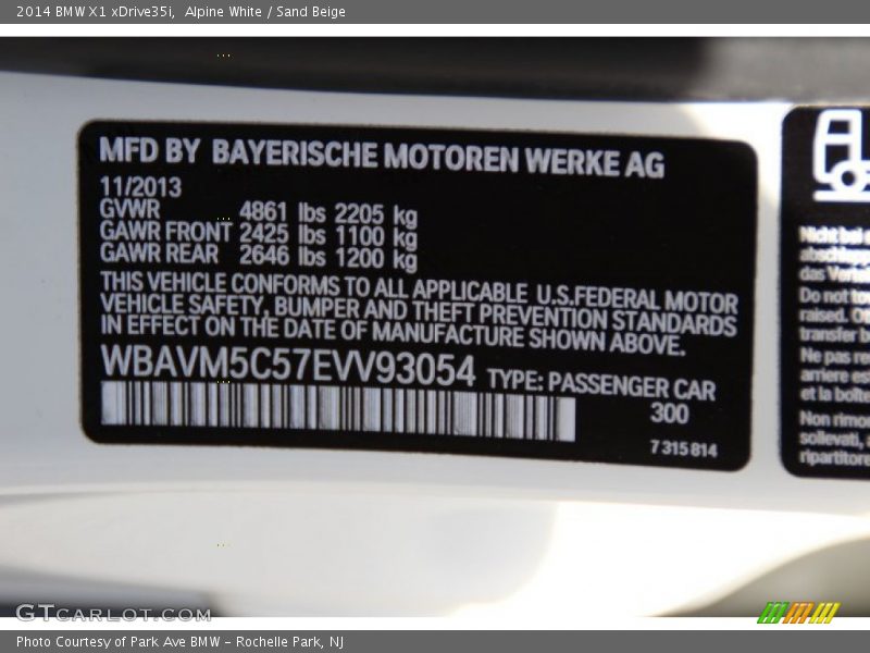 2014 X1 xDrive35i Alpine White Color Code 300