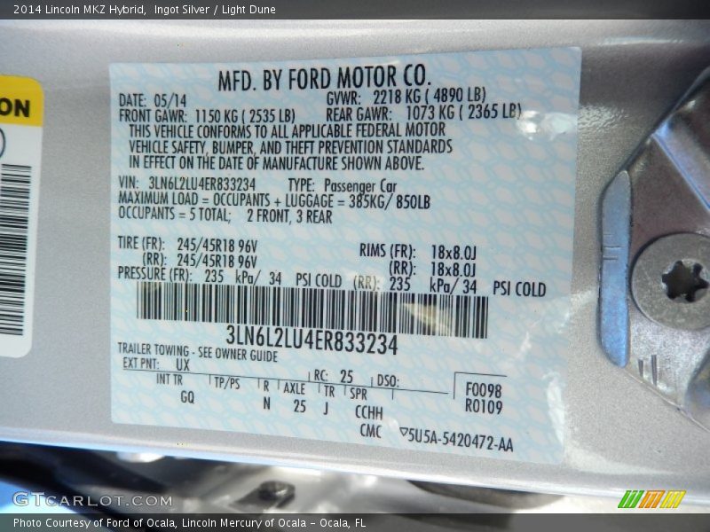 Ingot Silver / Light Dune 2014 Lincoln MKZ Hybrid
