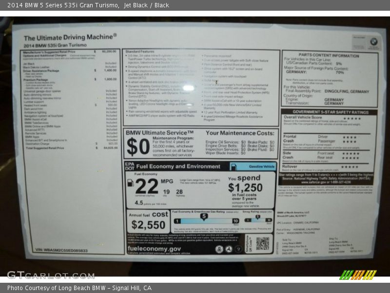  2014 5 Series 535i Gran Turismo Window Sticker