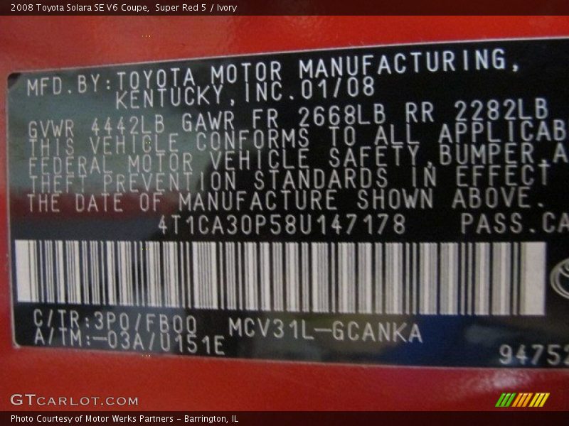 Super Red 5 / Ivory 2008 Toyota Solara SE V6 Coupe