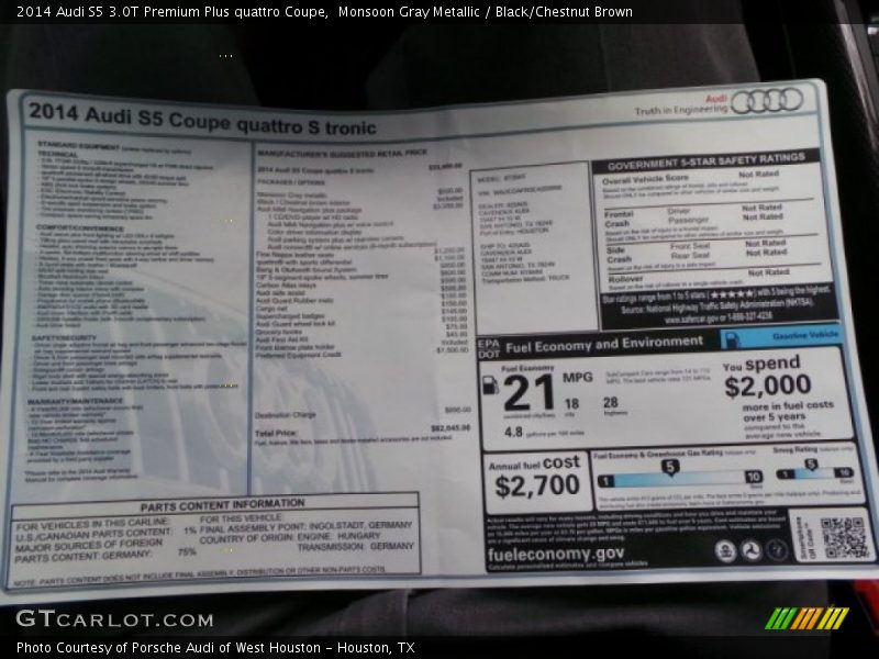 Monsoon Gray Metallic / Black/Chestnut Brown 2014 Audi S5 3.0T Premium Plus quattro Coupe