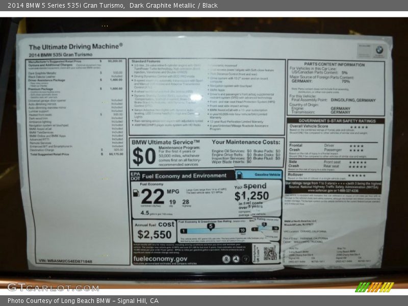  2014 5 Series 535i Gran Turismo Window Sticker