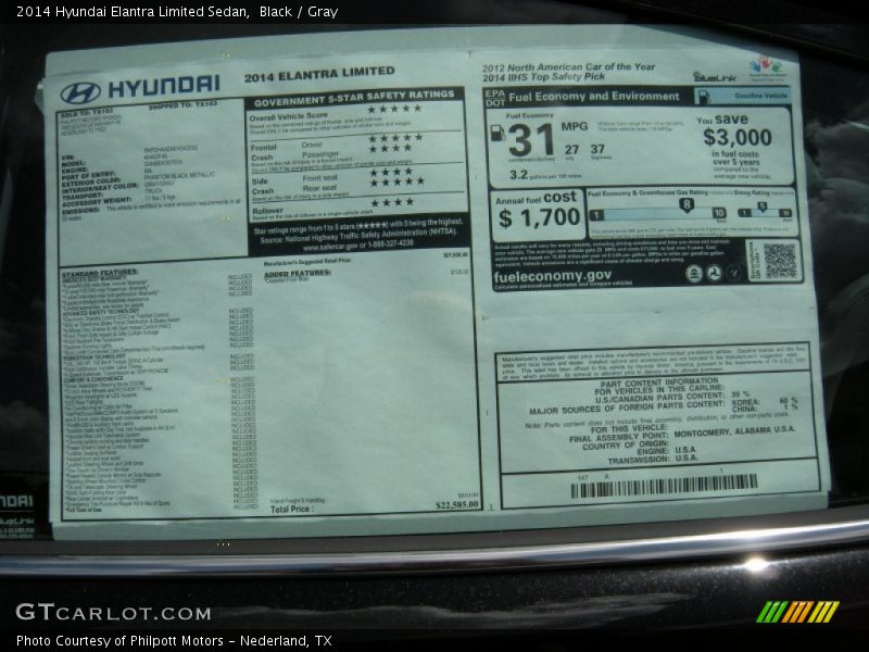Black / Gray 2014 Hyundai Elantra Limited Sedan