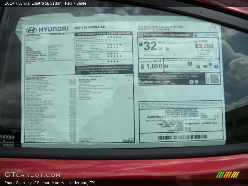 Red / Beige 2014 Hyundai Elantra SE Sedan
