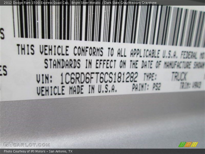 Bright Silver Metallic / Dark Slate Gray/Medium Graystone 2012 Dodge Ram 1500 Express Quad Cab
