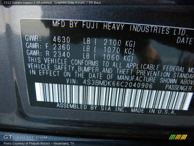 Graphite Gray Metallic / Off Black 2012 Subaru Legacy 3.6R Limited
