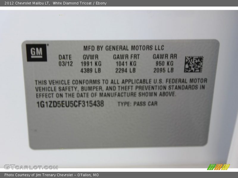 White Diamond Tricoat / Ebony 2012 Chevrolet Malibu LT