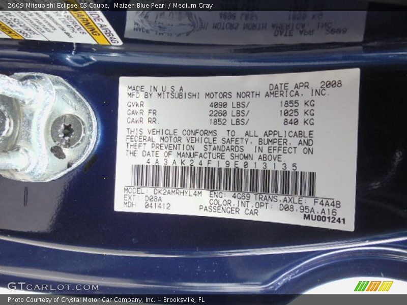 Maizen Blue Pearl / Medium Gray 2009 Mitsubishi Eclipse GS Coupe