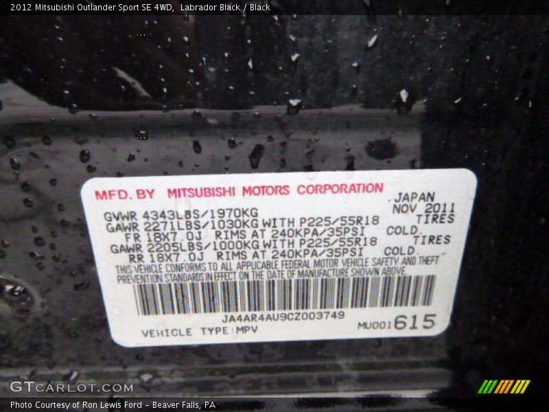 Labrador Black / Black 2012 Mitsubishi Outlander Sport SE 4WD