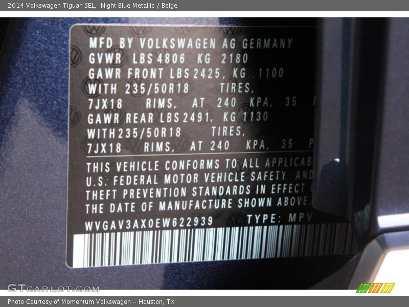 Night Blue Metallic / Beige 2014 Volkswagen Tiguan SEL