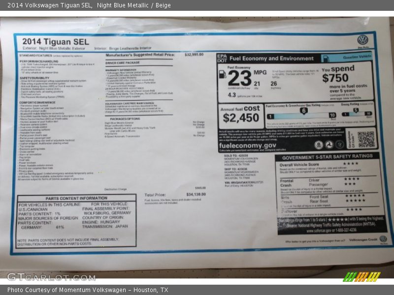 Night Blue Metallic / Beige 2014 Volkswagen Tiguan SEL