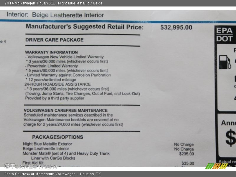 Night Blue Metallic / Beige 2014 Volkswagen Tiguan SEL