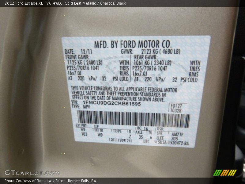 Gold Leaf Metallic / Charcoal Black 2012 Ford Escape XLT V6 4WD