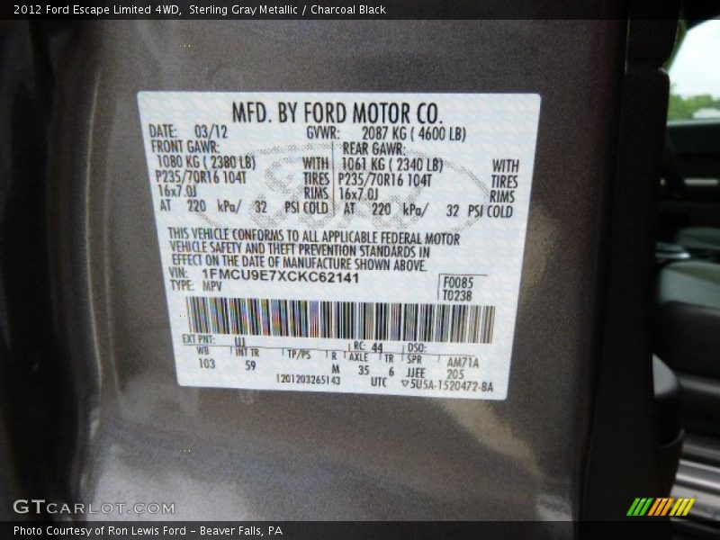 Sterling Gray Metallic / Charcoal Black 2012 Ford Escape Limited 4WD