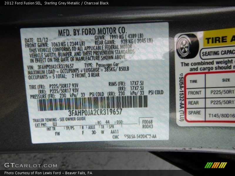 Sterling Grey Metallic / Charcoal Black 2012 Ford Fusion SEL