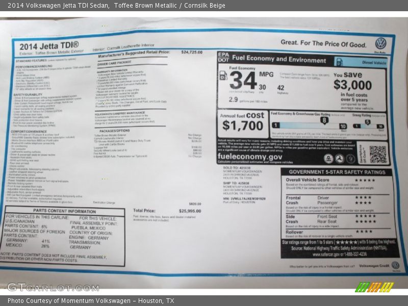 Toffee Brown Metallic / Cornsilk Beige 2014 Volkswagen Jetta TDI Sedan