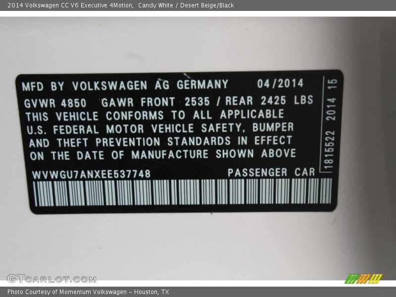 Candy White / Desert Beige/Black 2014 Volkswagen CC V6 Executive 4Motion