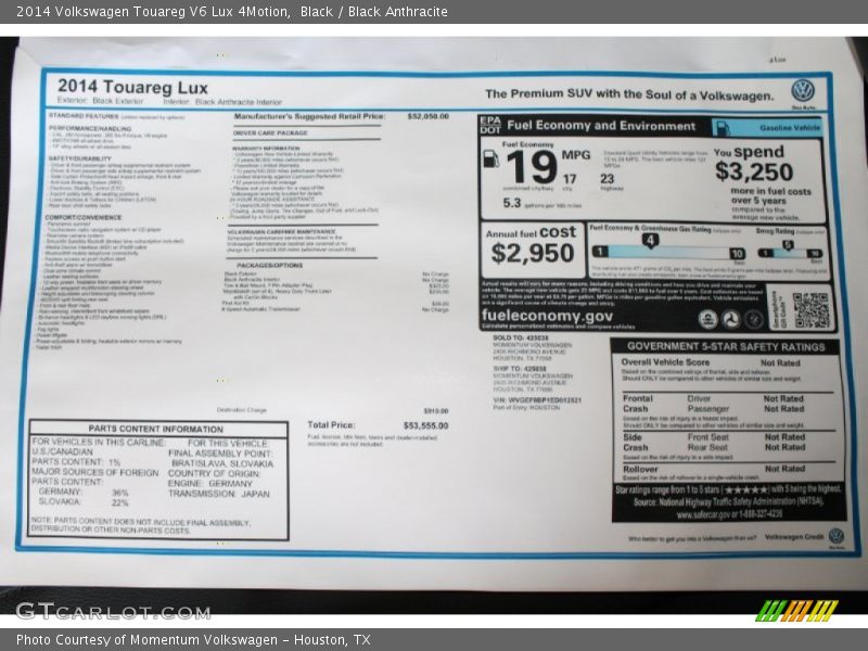 Black / Black Anthracite 2014 Volkswagen Touareg V6 Lux 4Motion