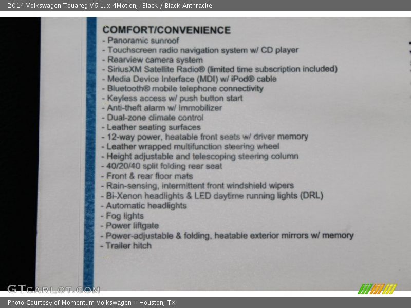Black / Black Anthracite 2014 Volkswagen Touareg V6 Lux 4Motion