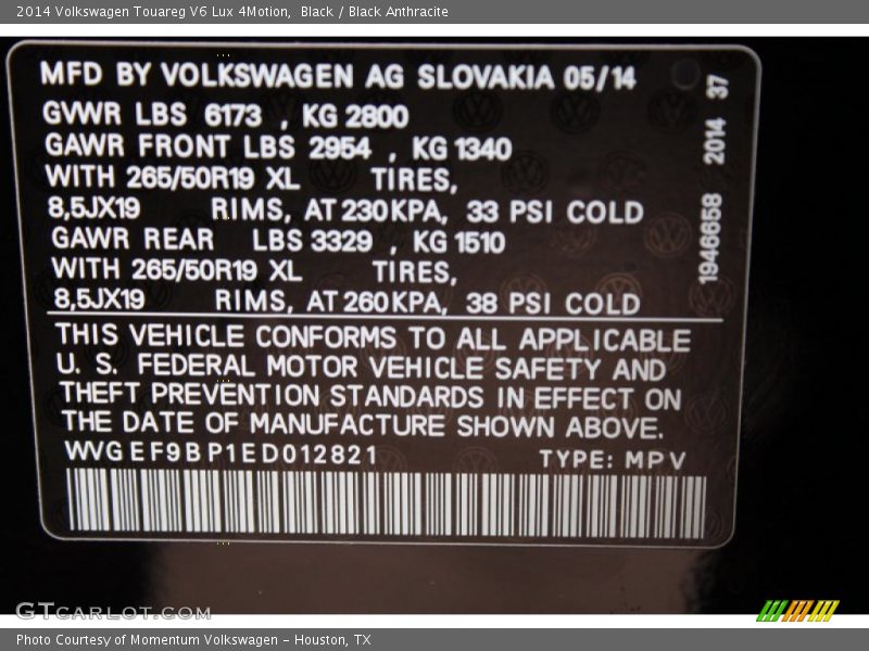 Black / Black Anthracite 2014 Volkswagen Touareg V6 Lux 4Motion