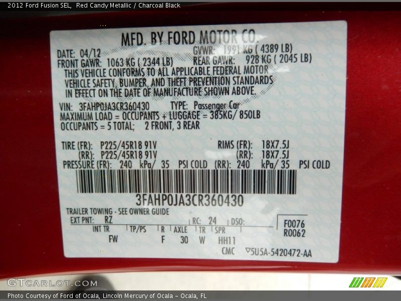 Red Candy Metallic / Charcoal Black 2012 Ford Fusion SEL