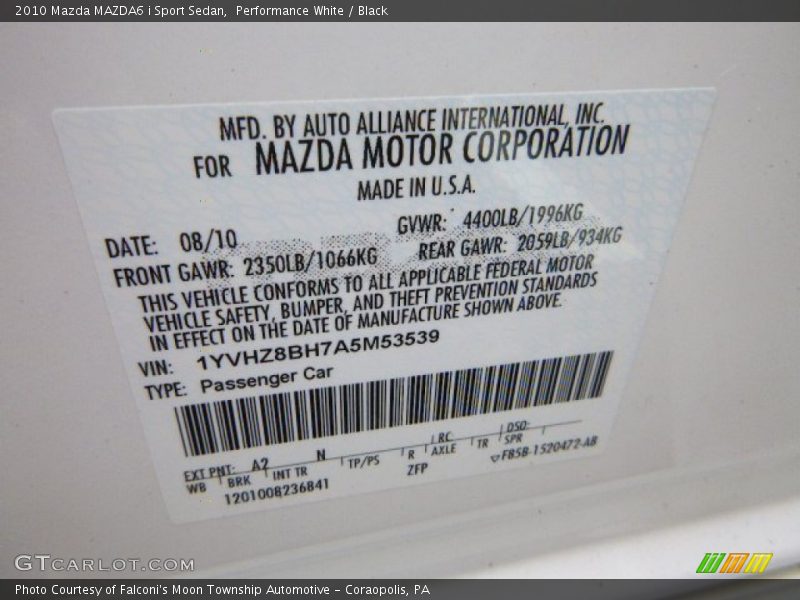 Performance White / Black 2010 Mazda MAZDA6 i Sport Sedan