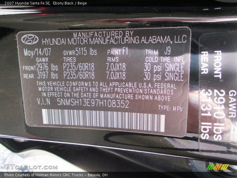 Ebony Black / Beige 2007 Hyundai Santa Fe SE
