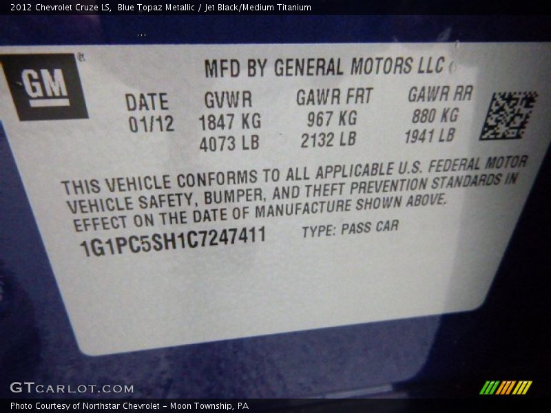 Blue Topaz Metallic / Jet Black/Medium Titanium 2012 Chevrolet Cruze LS